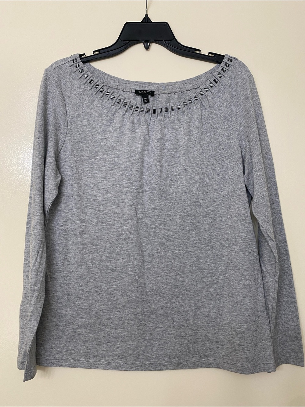 Talbots Heather Gray Long-Sleeve Top with Embellished Scoop Neck - Picture 1 of 4